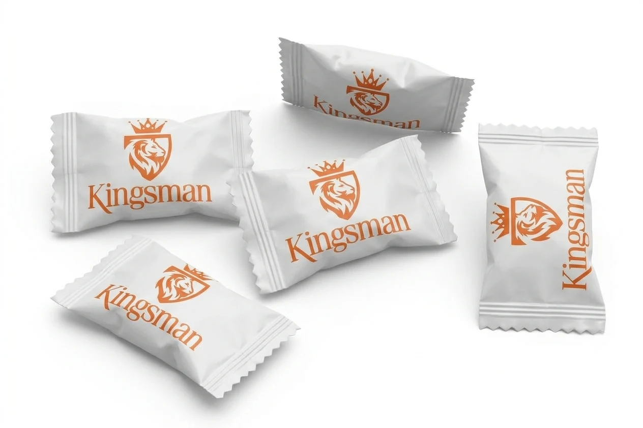 Cinq bonbons Kingsman dans leurs sachets blancs au lion couronné